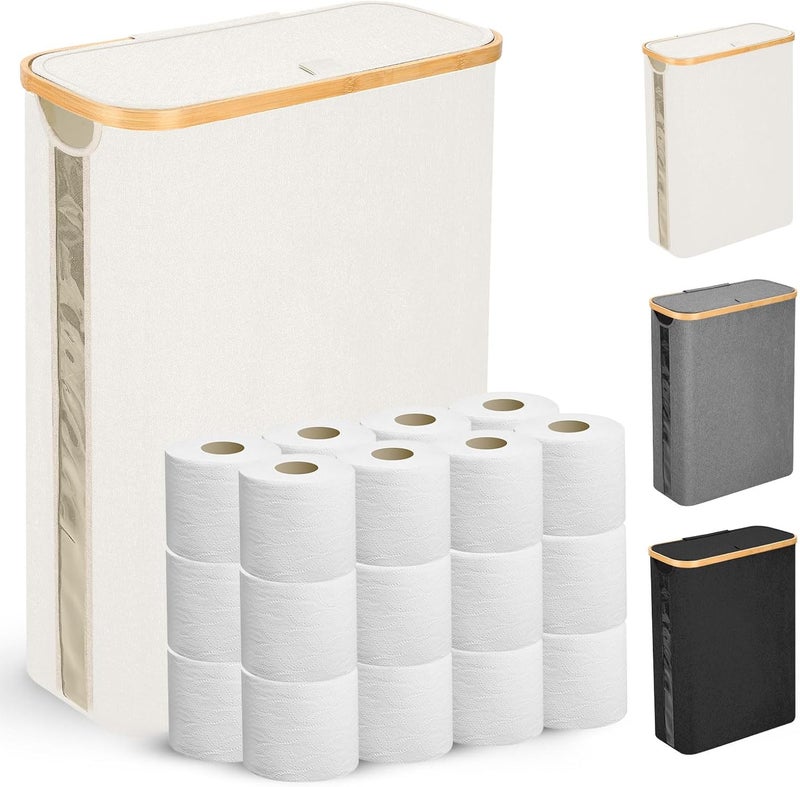 Odonata Large Toilet Paper Storage Basket with Lid, Slim Toilet Paper Organizer, Hold up to 20 Regular Rolls or 15 Mega Rolls. (Beige, 49L) - Image 1